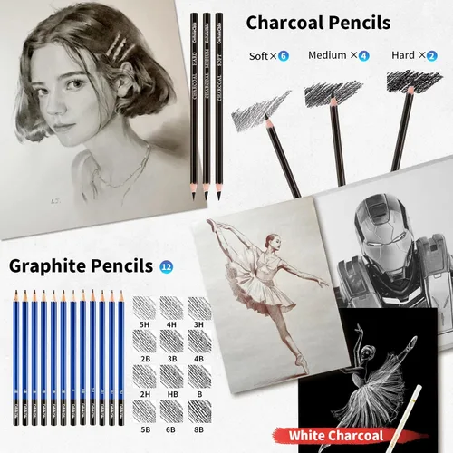 Miniatura 4 de Juego de suministros de arte para dibujo, kit de bocetos con libro de bocetos de 3 colores, grafito, carbón, acuarela y lápiz metálico, juego