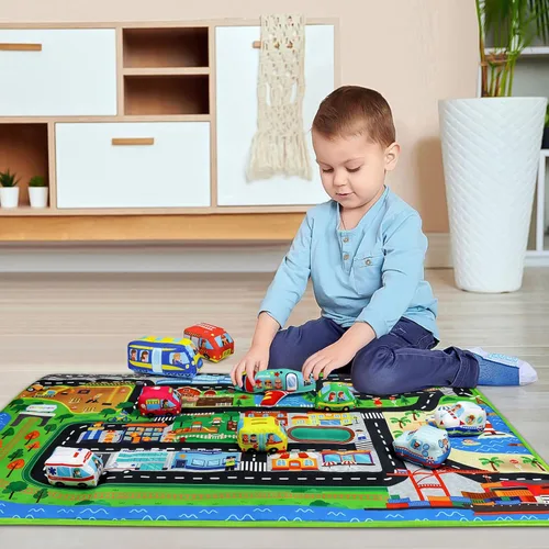 Miniatura 6 de Dr.Rapeti Juego de autos de juguete suave para bebés, niños pequeños, 1 tapete de juego de gran tamaño, 10 autos de juguete suave, 47 x 30 pulgadas