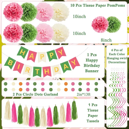 Miniatura 2 de Decoraciones de cumpleaños rosa y verde para mujeres y niñas, pompones de papel de seda, pancarta de feliz cumpleaños, borla de papel, guirnalda