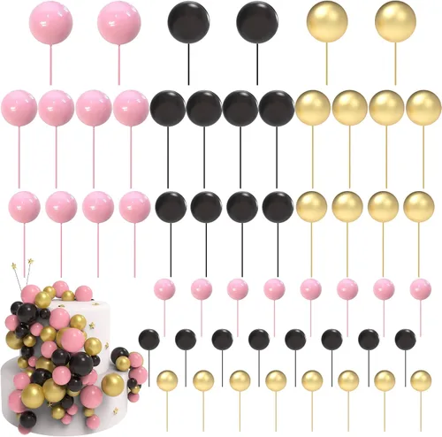 Juego de 54 piezas de decoración de pastel de bolas de color rosa y negro, 4 tamaños, bolas plateadas verdes y blancas, decoraciones para tartas
