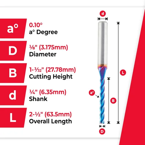 Miniatura 4 de Amana Tool Broca de carburo sólido para corte en espiral 2D/3D, 46292-K, fondo plano 0.10 grados A x 1/8 D x 1-3/32 x 1/4 Sh x 2-½ pulgadas de largo