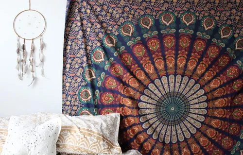 Miniatura 6 de raajsee - Tapiz azul y naranja con mandala - Mejor colgante de pared con mandala - Tapiz para la cama para dormitorio estético - Tamaño póster