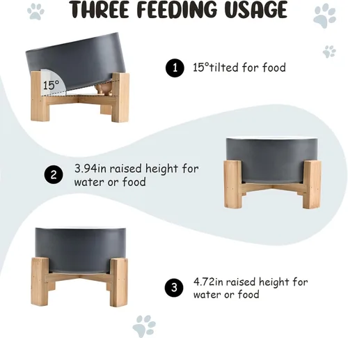 Miniatura 3 de SPUNKYJUNKY Cuenco de cerámica inclinado de 15° para perros y gatos con soporte de madera, cuenco inclinado para comida y agua para bulldog