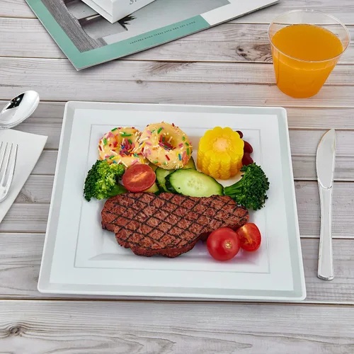 Miniatura 7 de Vplus 90 piezas de 9.5 pulgadas de platos de plástico plateado desechables, elegantes y duraderos de color blanco, platos de plástico para cenas