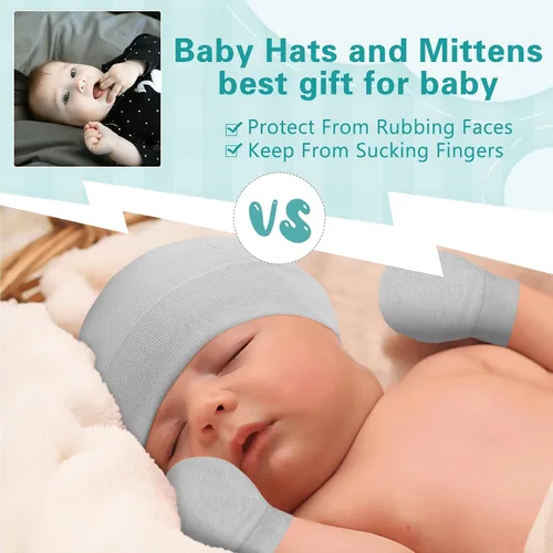 Miniatura 2 de Zando Gorros y manoplas unisex para bebés, gorro de hospital para recién nacidos, con guantes antiarañazos, conjunto para bebés y niños