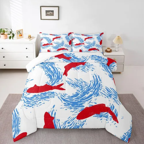Miniatura 50 de Erosebridal Juego de edredón de tiburón, tamaño individual, juego de ropa de cama de vida oceánica para niños y niñas, color verde azulado