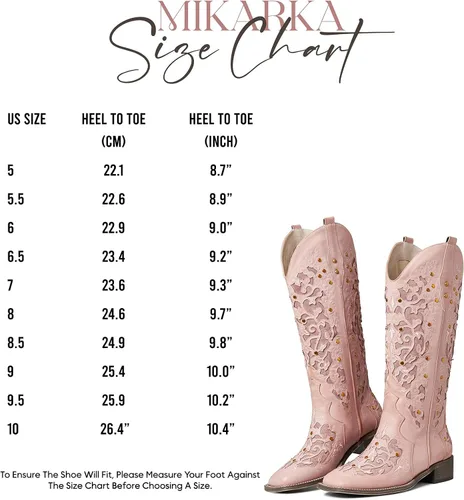 Miniatura 6 de mikarka Botas vaqueras para mujer, con tachuelas bordadas, botas vaqueras de media pantorrilla, botas occidentales de meter, punta cuadrada, tacón