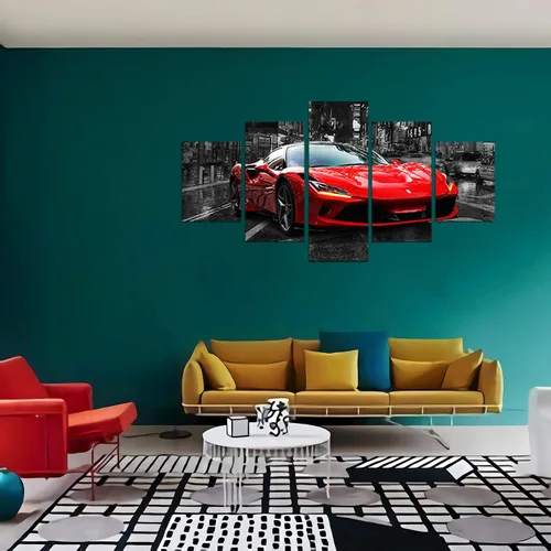 Miniatura 5 de Póster de pared en blanco y negro, 5 piezas, diseño de automóvil deportivo rojo grande, lienzo para habitación de niños, dormitorio, sala de estar
