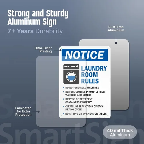 Miniatura 5 de SmartSign Aviso sobre las reglas de lavandería - No sobrecarga, quitar la ropa, desechar detergente, limpiar pelusa, no sentarse, letrero de metal