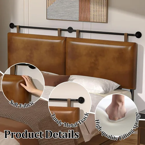 Miniatura 4 de BSHOMGI Cabecera Queen, Cabeceras Colgantes con Cuero Sintético Marrón de Tubo Industrial Estilo Moderno Solo para Tablero Trasero de Cama