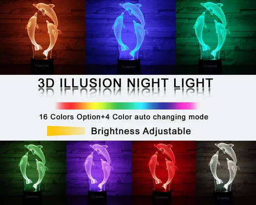 Miniatura 3 de Dolphin - Luz nocturna de ilusión 3D, lámpara de noche LED regulable de 16 colores con control táctil y remoto, USB y alimentada por batería