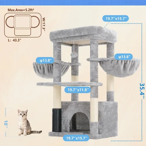 Miniatura 2 de Hey-brother Torre para Gatos con Plataforma Extra Grande, Condominio Espacioso, 2 Hamacas Cómodas, Cepillo de Auto-Acicalamiento, Postes Rascadores