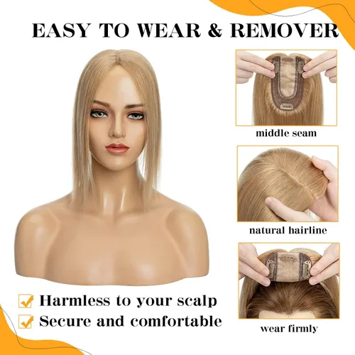 Miniatura 5 de S-noilite Toppers para el cabello humano real para mujer, sin flequillo, 14 pulgadas, #27 rubio oscuro, base de seda, clip en la parte superior