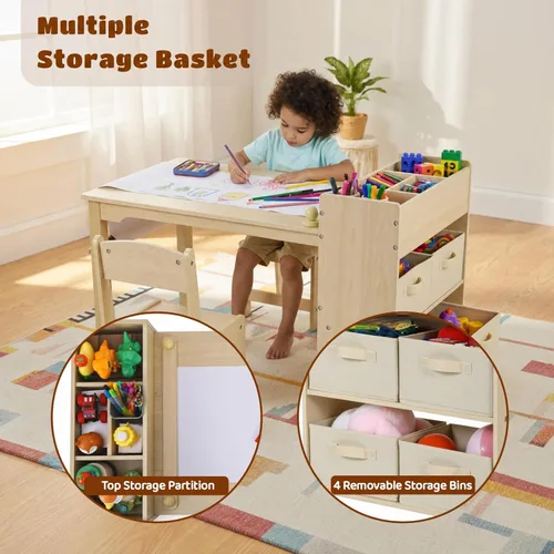 Miniatura 4 de Arlopu - Juego de mesa de arte para niños y 2 sillas, mesa de actividades de madera para niños de gran tamaño, escritorio de dibujo resistente
