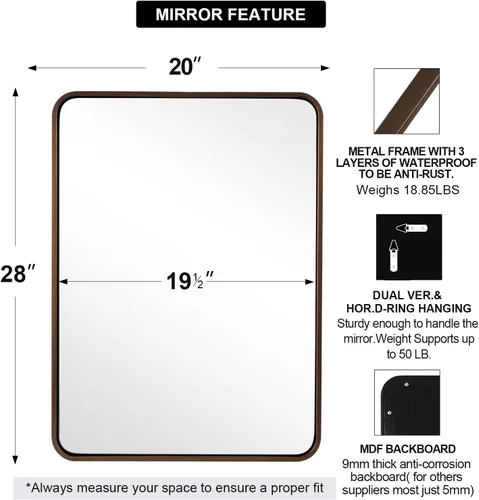 Miniatura 2 de ANDY STAR Espejo de bronce para pared, espejo rectangular redondeado de 20 x 28 pulgadas, espejo de baño de bronce cepillado para pared, moderno