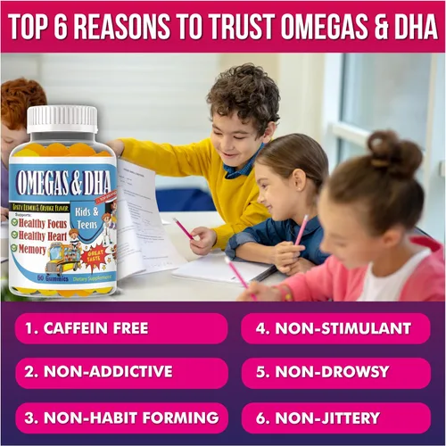 Miniatura 5 de Gomitas Omega 3 DHA para niños, para apoyo cerebral, concentración y memoria, gomitas de enfoque para niños y adolescentes, vitaminas infantiles