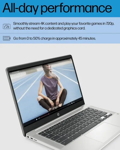 Miniatura 4 de HP Laptop Chromebook de 14 pulgadas, Intel Celeron N4120, 4 GB de RAM, 64 eMMC, pantalla HD, Chrome OS, gráficos Intel UHD 600, batería de larga