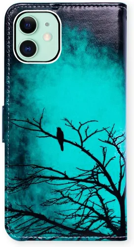 Miniatura 7 de Bcov Funda para iPhone 13 Mini, diseño de pájaro negro de cuero verde con tapa para teléfono con ranura para tarjetas, soporte para iPhone 13 Mini