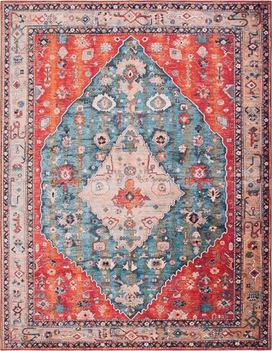 Miniatura 13 de SAFAVIEH Alfombra lavable Tucson Collection - 2 pies 6 pulgadas x 4 pies, beige y azul, antideslizante y fácil de limpiar, ideal para sala de estar