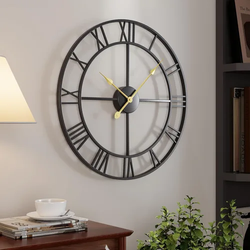 Miniatura 60 de Reloj de pared negro de 16 pulgadas decorativo, moderno reloj de metal para sala de estar, funciona con pilas, silencioso, sin tictac, números