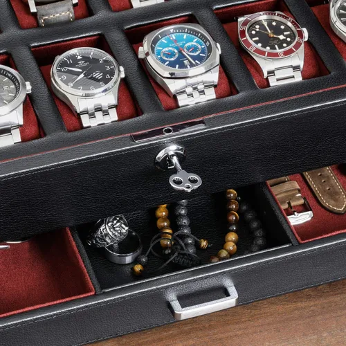 Miniatura 5 de Caja de reloj con cajón de valet para hombres 12 ranuras, caja de reloj de lujo, organizador de exhibición, forro de microgamuza, soporte
