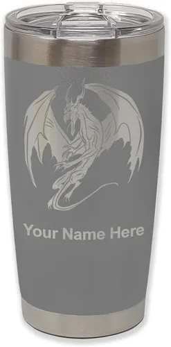 Miniatura 16 de LaserGram Vaso aislado al vacío de 20 onzas, dragón, grabado personalizado incluido (negro)