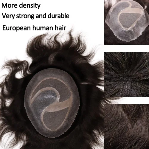 Miniatura 2 de Toupee para hombres europeos sistemas de reemplazo de cabello humano real para hombres, postizos finos, centro de encaje, piel más gruesa, pieza