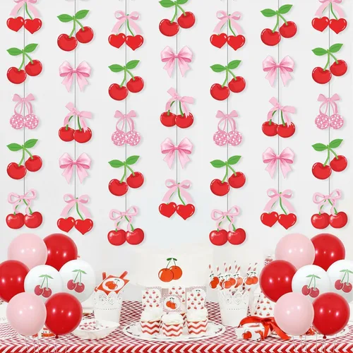 Miniatura 4 de Xinnun Decoraciones de Fiesta de Cerezas Pancartas Colgantes con Lazo Rosa Guirnalda Cerezas Decoraciones de Baby Shower Recortes Cintas Serpentinas