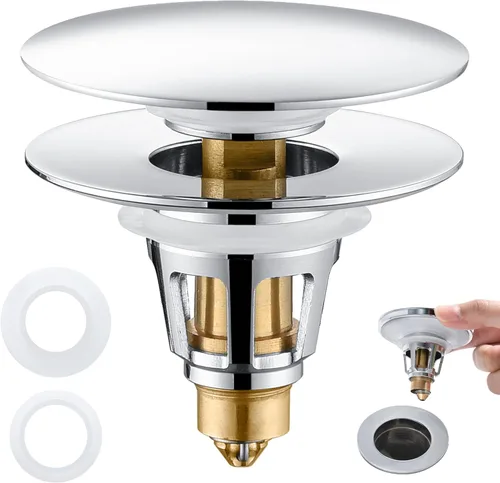 Miniatura 15 de Tapón Universal para Lavabo de Baño - Filtro de Drenaje de Lavabo con Rebote, Tapón de Drenaje Emergente de Níquel Cepillado, Tapón de Fregadero