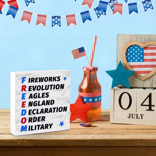 Miniatura 7 de Letrero patriótico de escritorio con texto en inglés «Happy 4th of July » Fuegos artificiales, Revolución, Águilas, Inglaterra, Declaración