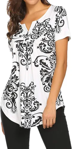 Miniatura 4 de Blusón plisado de manga corta con estampado floral y cuello Henley en V para mujer, con vuelo.