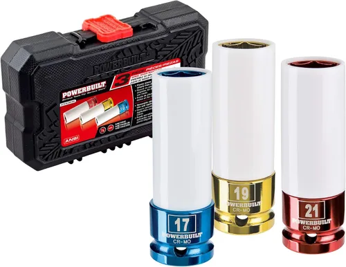 Powerbuilt Juego de llaves de pared delgada, tuercas métricas, 3 piezas de 0.669 in, 0.748 in, 0.827 in, 1/2 pulgadas, ruedas personalizadas, funda