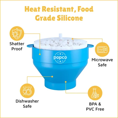 Miniatura 6 de POPCO Máquina de Palomitas de Silicona - Recipiente para Hacer Palomitas en Microondas - Tazón Plegable, Resistente al Calor, Fácil de Limpiar, Azul