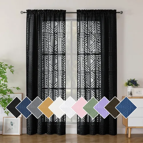 Miniatura 46 de Simplebrand Cortinas traslúcidas negras de cocina de 24 pulgadas de largo, 2 paneles, filtrado de luz, geométrico jacquard con textura, cortinas