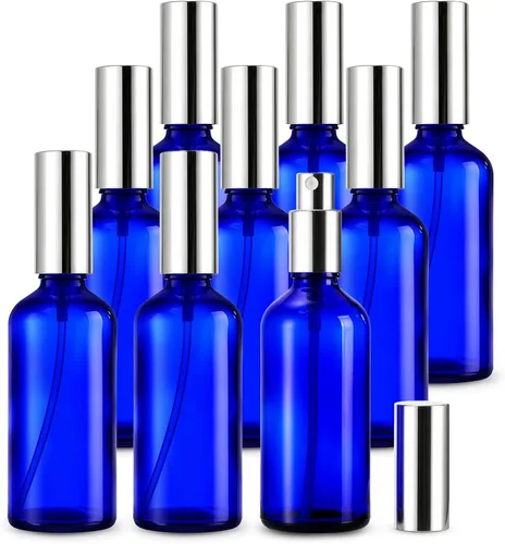 Foraineam Paquete de 9 botellas de spray de vidrio azul de 3.4 onzas líquidas con atomizador recargables de niebla fina para perfumes, aceites
