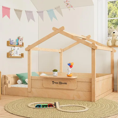 Miniatura 12 de Bellemave Montessori - Cama de suelo tamaño individual, marco de cama individual con cabecero, estribo, cama Montessori de madera con listones