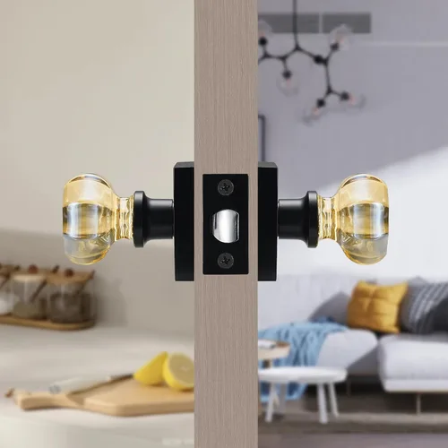Miniatura 4 de Picaporte de vidrio dorado champagne para puerta de pasaje – Manija interior de cristal sin bloqueo con roseta cuadrada negra mate – Estilo elegante