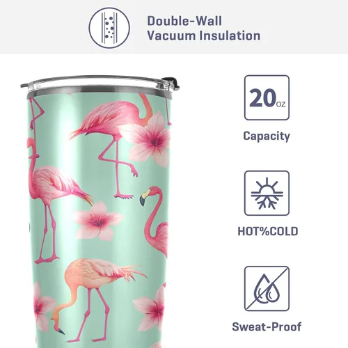 Miniatura 4 de Vaso de 20 onzas con tapa y pajilla, de acero inoxidable aislado al vacío, taza de café y agua, hermosa taza de viaje de flamenco rosa, taza térmica