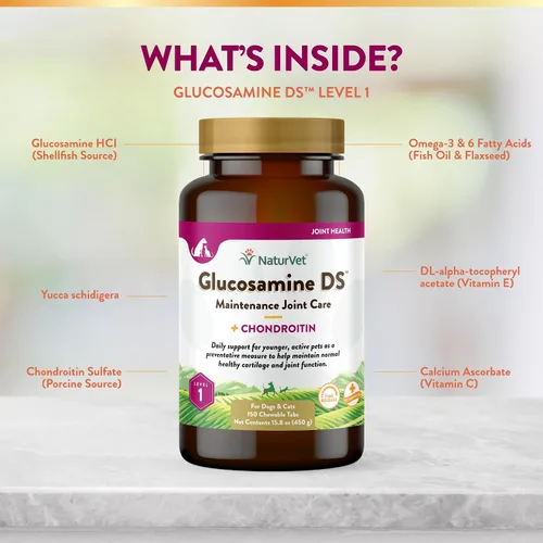 Miniatura 5 de NaturVet Glucosamina DS Nivel 1 Cuidado de mantenimiento Soporte de cadera y articulaciones Suplemento para mascotas para perros y gatos