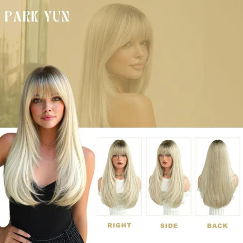 Miniatura 4 de PARK YUN 27IN Cool Ash Platinum Blonde Straight Wig with Bangs Long Layered Synthetic Wig Shadow Root Light Beige Blonde Hair Heat Resistant Natural