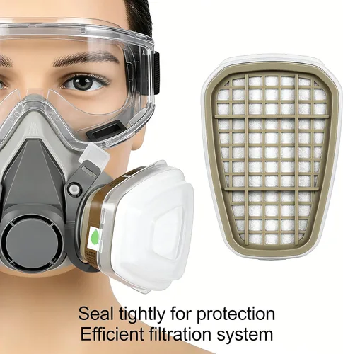 Miniatura 3 de Kit de respirador reutilizable de media cara con gafas de seguridad antivaho y filtros - Respirador profesional para polvo, pintura y lijado