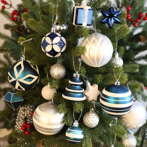 Miniatura 2 de 100 piezas de juego de adornos de Navidad azul y blanco – Kit de bolas de decoración de árbol de Navidad inastillables con estrella de copa