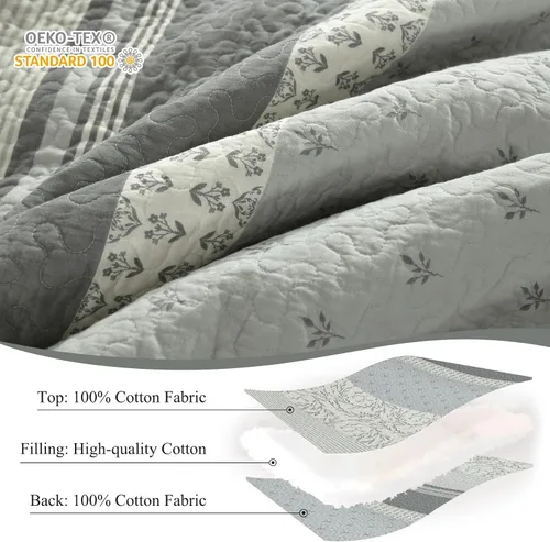 Miniatura 5 de Juego de cama tamaño queen con colcha gris y blanca, diseño floral vintage de granja, fundas a juego, 3 piezas, 100% algodón, colcha ligera