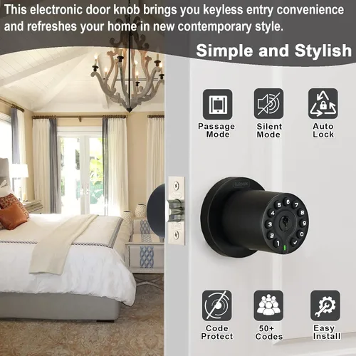 Miniatura 2 de iulock IU-20 Cerradura de puerta con código, pomo de puerta electrónico con teclado y llave, cerradura automática, resistente al agua, función