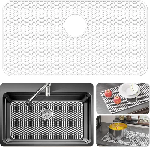 Miniatura 40 de Bestjing Tapete de silicona para fregadero - Protectores para fregadero de cocina con drenaje central, accesorio de rejilla de cocina de 26" x 14
