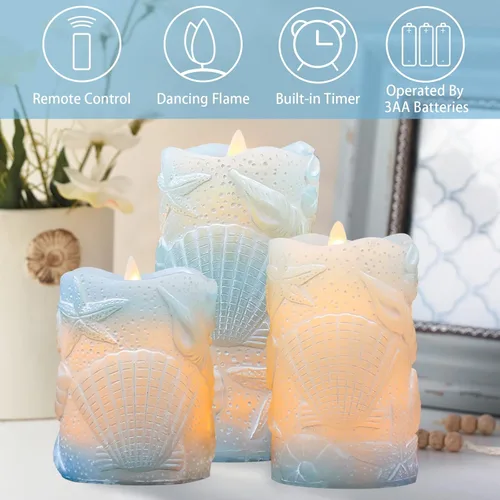 Miniatura 7 de MELTONE Velas LED sin llama azul océano con mecha parpadeante con carcasa de cera real con control remoto, decoración náutica de fiestas de boda
