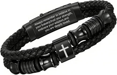 Miniatura 20 de TempBeau Pulsera de cuero negro cristiano para hombres, pulsera de cuero trenzado de doble fila con cruz de fe para hombres, regalo de joyería