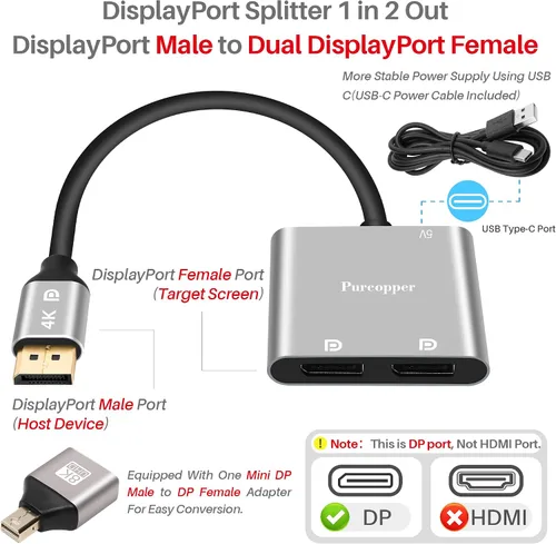 Miniatura 2 de Adaptador DisplayPort a DisplayPort dual (doble 4K a 60 Hz), divisor DP 1 en 2 salidas Pantalla extendida MST 1 DP macho a 2 DP hembra