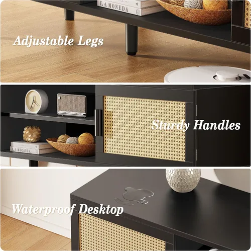 Miniatura 9 de SUPERJARE Soporte de TV para TV de 65 pulgadas, centro de entretenimiento con estante ajustable, consola de TV de ratán con 2 gabinetes, consola