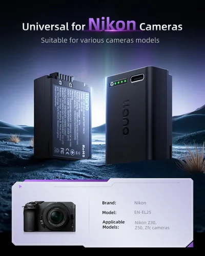 Miniatura 5 de llano Paquete de 2 baterías Aurora USB-C EN-EL25 para Nikon Z50 II, Z50, Z30, Z fc, pantalla de alimentación instantánea, totalmente decodificada